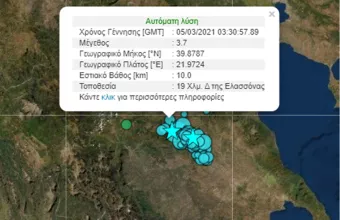 Μετασεισμός 3,7R τα ξημερώματα στην Ελασσόνα