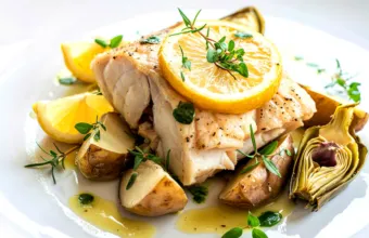 Μπακαλιάρος λεμονάτος με πατάτες και αγκινάρες