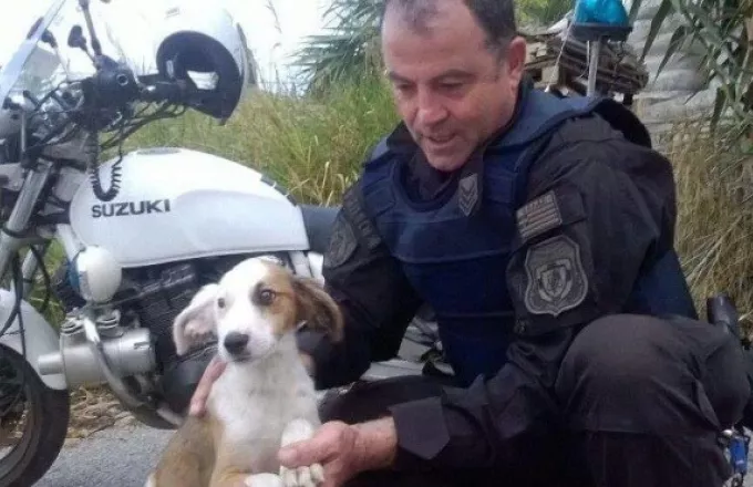 Αστυνομικός περιμαζεύει σκύλο από την Εθνική Οδό και τον υιοθετεί (φωτό) 
