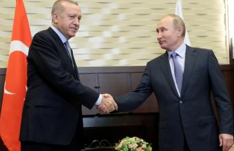 Από την σημερινή συνάντηση του Βλαντίμιρ Πούτιν με τον Τούρκο πρόεδρο, Ρετζέπ Ταγίπ Ερντογάν. Associated Press