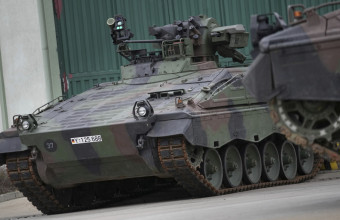 A Marder armored personnel carrier is on display during a presentation at the 'Erzgebirgskaserne' barracks in Marienberg, eastern Germany