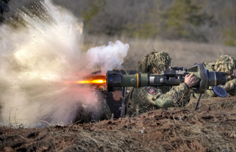 A Ukrainian serviceman fires an NLAW anti-tank weapon during an exercise in the Joint Forces Operation