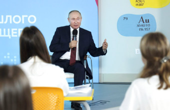 Russian President Vladimir Putin speaks during a meeting with schoolchildren
