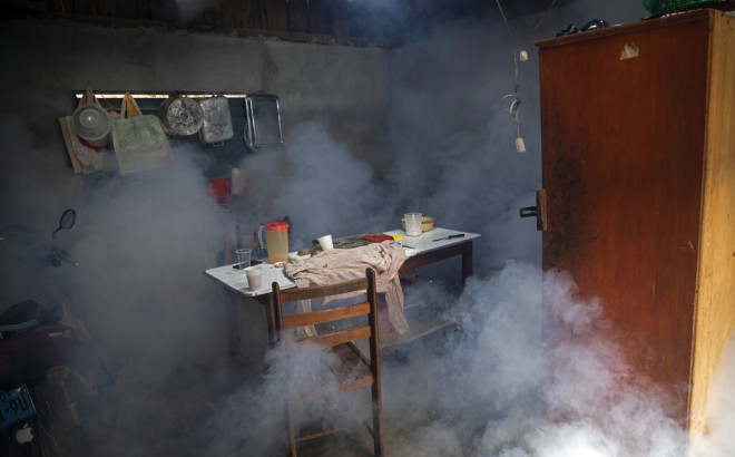 Clouds of insecticide seep into a dining room during a fumigation operation to help control the spread of dengue fever, in downtown Pucallpa, Peru