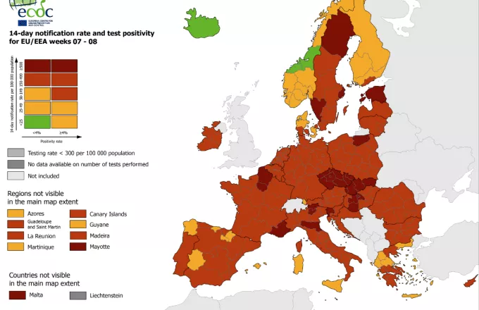 Χάρτης ECDC - Κορωνοϊός: Στο «κόκκινο» η μισή Ελλάδα - Τι συμβαίνει στην υπόλοιπη Ευρώπη