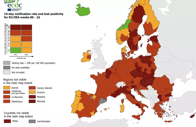 Χάρτης ECDC - Κορωνοϊός: Στο «κόκκινο» ολόκληρη η Ελλάδα- Έξαρση πανδημίας σε Ευρώπη