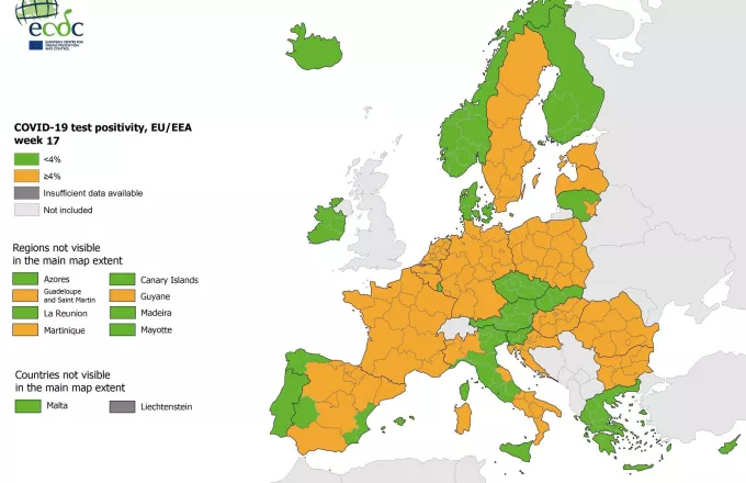 Κορωνοϊός - ECDC: Η Ελλάδα παραμένει «πράσινη» στο δείκτη θετικότητας