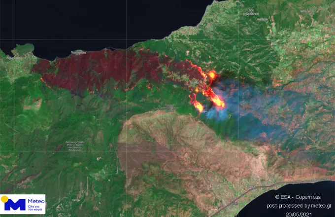 Η μεγάλη φωτιά στην Κορινθία από το διάστημα - Φωτογραφία ευρωπαϊκού δορυφόρου