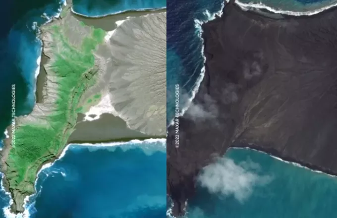 Τόνγκα: Σοκαριστικές δορυφορικές φωτογραφίες πριν και μετά την έκρηξη του ηφαιστείου 