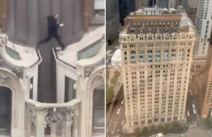 Άνδρας «spiderman» πηδάει στην ταράτσα ενός πολυώροφου κτιρίου της Νέας Υόρκης