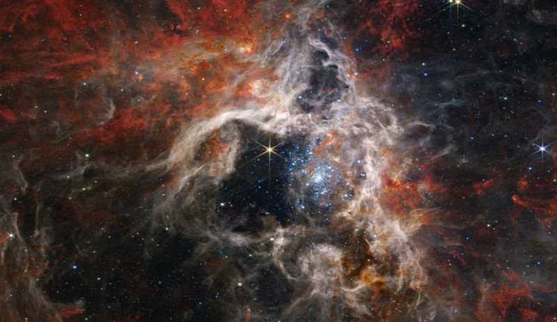 Μια μωσαϊκή εικόνα του νεφελώματος Ταραντούλα. Η εικόνα, η οποία εκτείνεται σε 340 έτη φωτός, δείχνει δεκάδες χιλιάδες νεαρά αστέρια που προηγουμένως επισκιάζονταν από την κοσμική σκόνη