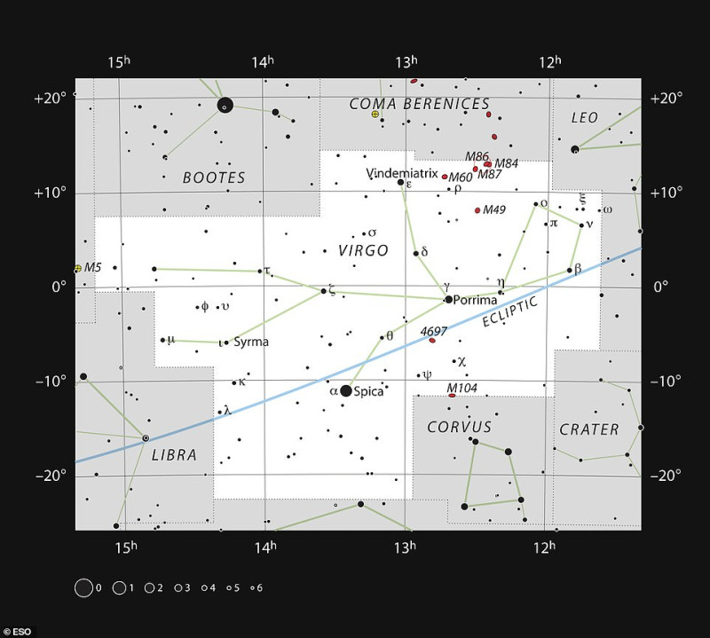 Αυτός ο χάρτης δείχνει τη θέση του γιγαντιαίου γαλαξία Μεσιέ 87 στον αστερισμό της Παρθένου. Ο χάρτης δείχνει τα περισσότερα από τα αστέρια που είναι ορατά με γυμνό μάτι υπό καλές συνθήκες