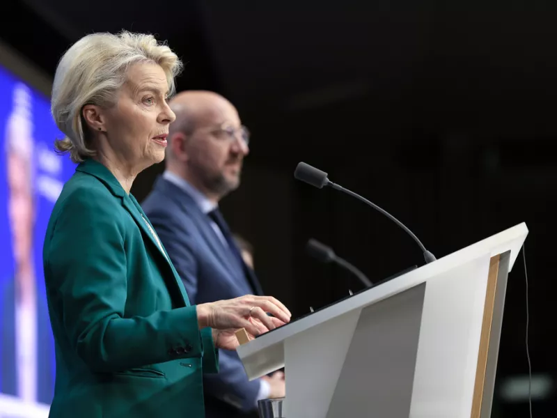 European Commission President Ursula von der Leyen, left, and European Council President Charles Michel
