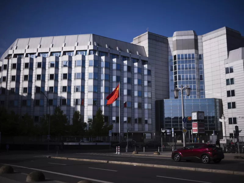 The Chinese national frag in front of the country's embassy in Berlin